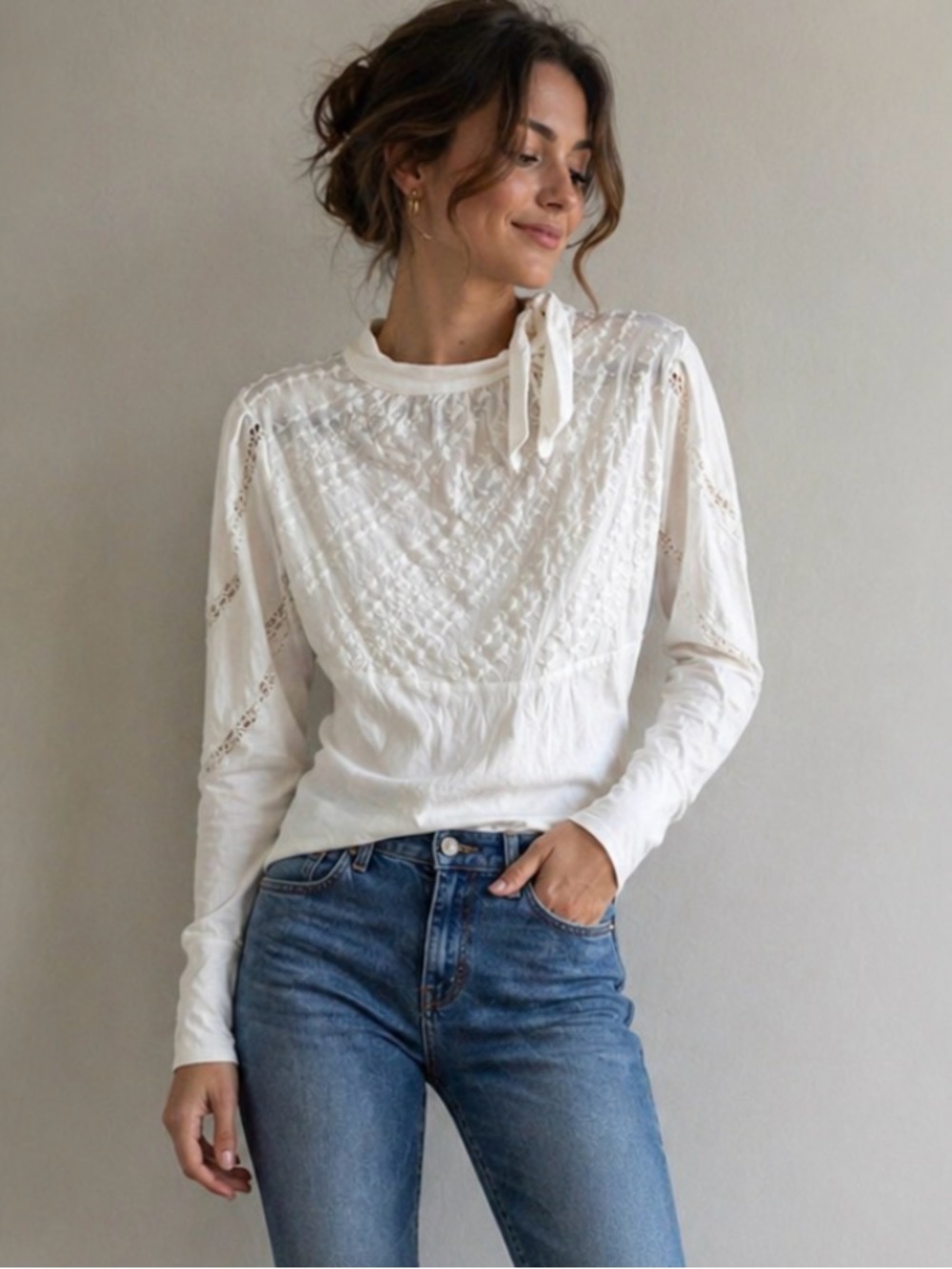 Free People Victoria white embroidered shirt. Womens size Large. Crochet sleeves